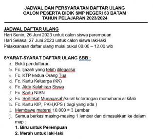 JADWAL DAN PERSYARATAN DAFTAR ULANG CALON PESERTA DIDIK SMPN 53 BATAM